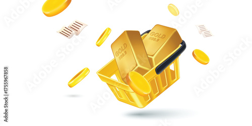 3D vector illustration of gold bars (bullion) and coins inside a yellow shopping basket. Concept of buying gold, precious metal investment, e-commerce, luxury purchase, and financial security.