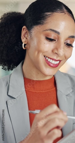Business, woman and happy with tablet in office for article review, submission feedback and approval. Publishing agency, editor and tech with stylus for proofreading, fact checking and story accuracy