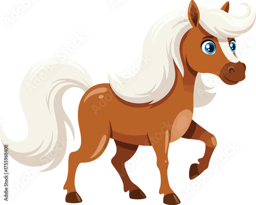 Cute cartoon horse standing proudly with flowing mane and tail playful animal character design isolated on transparent background