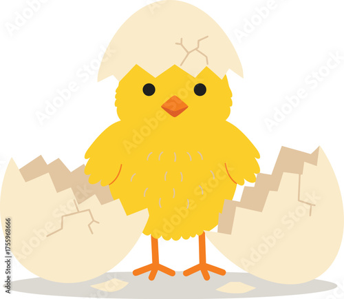 Adorable yellow chick hatching from eggshell celebrating spring and easter traditions isolated on transparent background