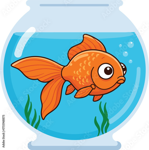 Cute orange goldfish swimming in a round glass fishbowl with green aquarium plants isolated on transparent background