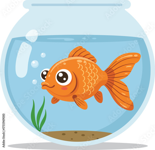 Cute cartoon goldfish swimming in a round fishbowl with bubbles and green plant isolated on transparent background