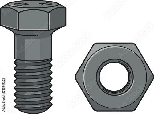 Hex bolt and nut mechanical fasteners industrial hardware component isolated on transparent background