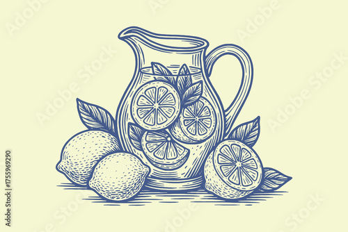 Lemonade pitcher with lemons engraving style vector illustration