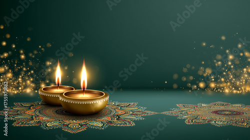 Diwali festival background, glowing diyas and lanterns, warm golden and green gradients, subtle fireworks sparkles, elegant rangoli patterns at the edges, spacious clean area in th
