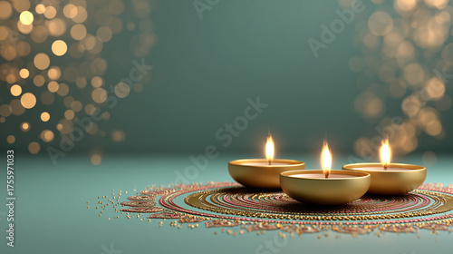 Diwali festival background, glowing diyas and lanterns, warm golden and green gradients, subtle fireworks sparkles, elegant rangoli patterns at the edges, spacious clean area in th