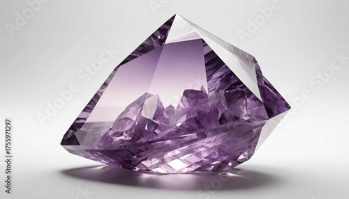 Améthyste 3D réaliste sur fond blanc, pierre précieuse violette symbole calme, luxe et élégance