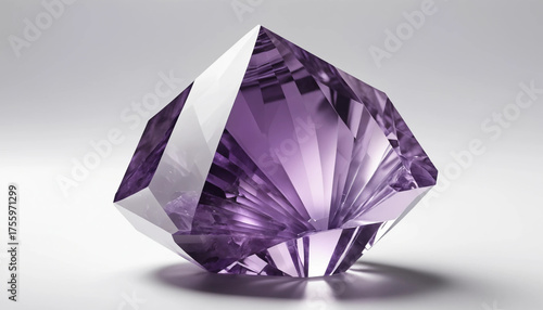 Améthyste 3D réaliste sur fond blanc, pierre précieuse violette symbole calme, luxe et élégance