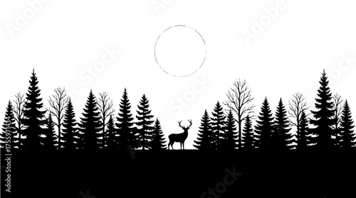 Vector art of serene forest landscape with deer silhouette under the moon, creating a peaceful vector scene