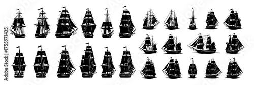 Vector art of collection of various old sailing ships, showcasing different designs and sizes in a vector format