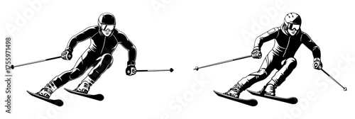 Vector art of two skiers in full gear, captured in dynamic poses, showcasing the thrill of winter sports