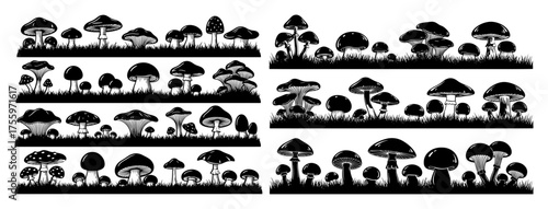 Vector art of mushroom silhouette collection set of different mushroom silhouettes in grass, vector illustration