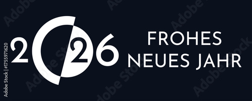 Karte oder Banner, um ein frohes neues Jahr 2026 in Weiß auf schwarzem Hintergrund zu wünschen