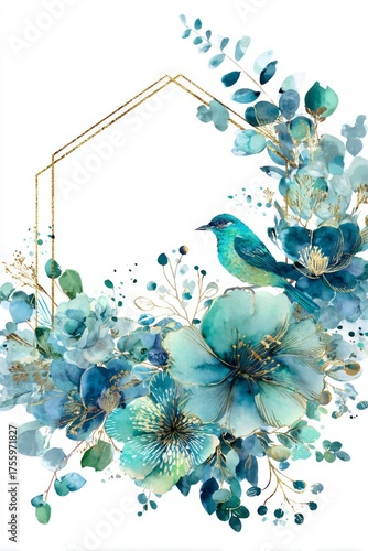 blue frame design with background, blue and green flowers,
