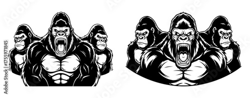 Vector art of two illustrations of a gorilla head with an angry expression black and white vector art