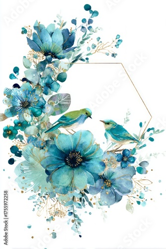 blue frame design with background, blue and green flowers,