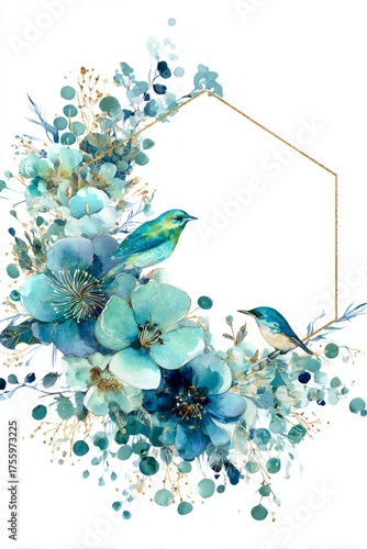 blue frame design with background, blue and green flowers,