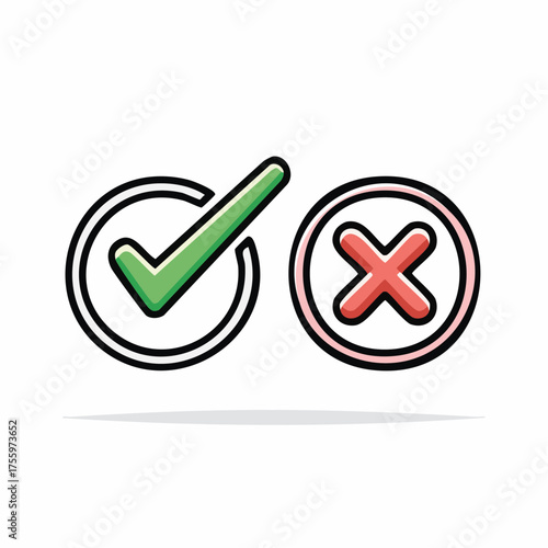 checkmark and x or confirm and deny line art color icon for apps and websites.