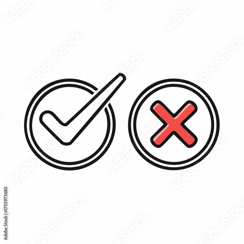 checkmark and x or confirm and deny line art color icon for apps and websites.
