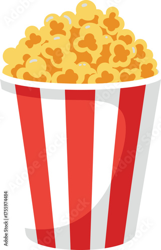 Classic red and white striped bucket filled with freshly popped golden popcorn snacks isolated on transparent background