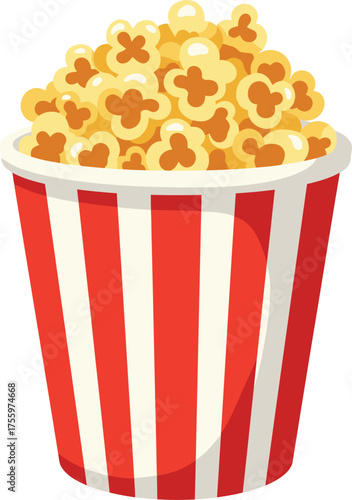 Classic red and white striped bucket filled high with delicious popcorn snacks isolated on transparent background