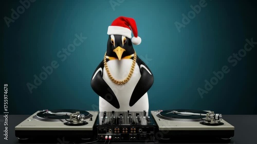 Festive penguin dj mixing music with turntables in santa hat. 4k Video footage