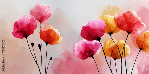 Delicate Watercolor Poppies on Stems with Soft Pink and Yellow Abstract Background