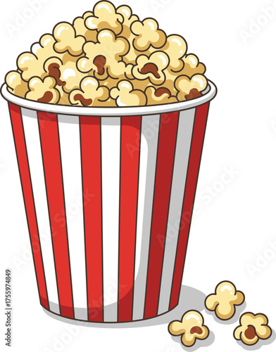 Classic red and white striped popcorn bucket overflowing with freshly popped corn snacks isolated on transparent background