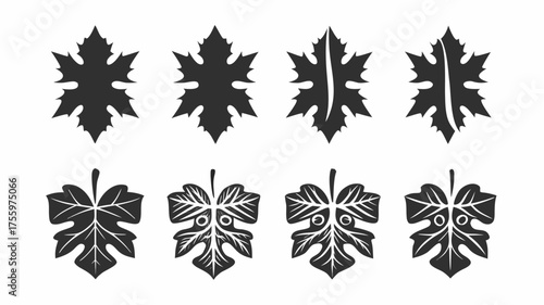 Illustration showing eight stylized leaves in two rows with varying designs and details in black and white | editable eps vectors silhouette