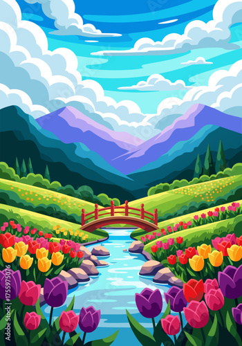 Vibrant Spring Landscape with Tulips, Mountains, and a Serene River and Bridge