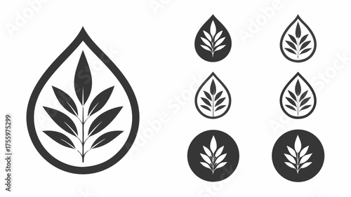 Illustration of several water drop shaped icons containing a stylized plant with multiple leaves inside them | editable eps vectors silhouette