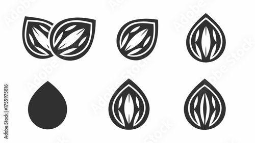 Illustration of several stylized almond shapes in varying levels of completion and detail shown in black | editable eps vectors silhouette