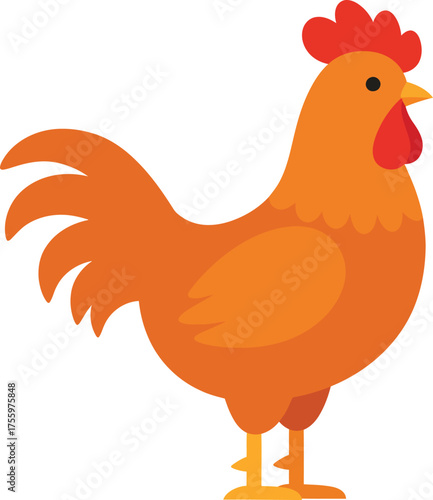 Bright orange rooster standing proudly with red comb and tail feathers isolated on transparent background