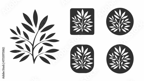 Various tree and leaf designs including a tree with leaves and tree designs in shapes like circles | editable eps vectors silhouette