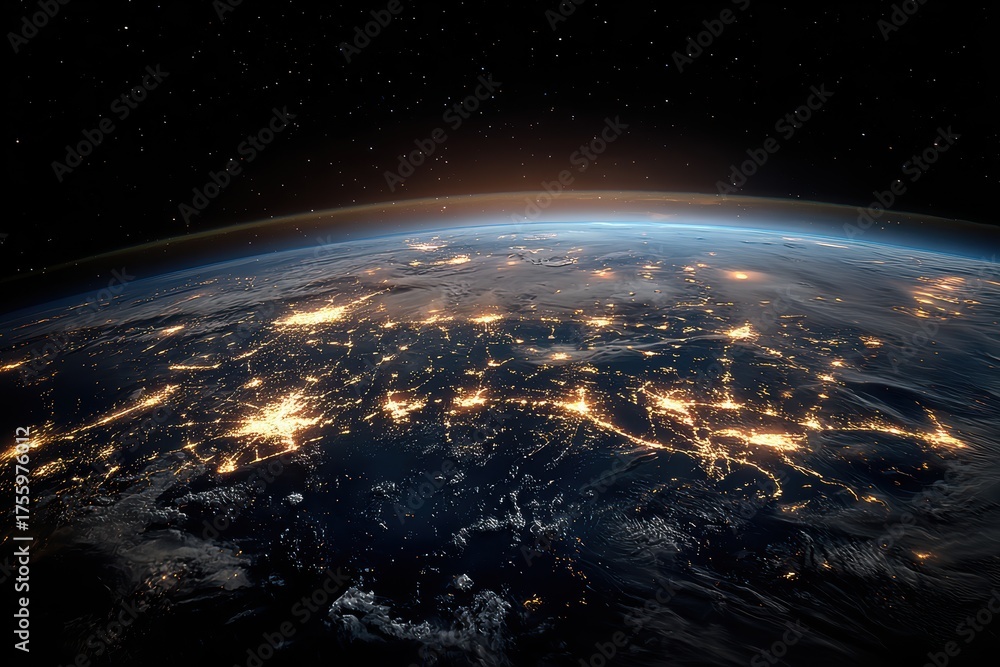 Fototapeta premium Earth at night from space showing city lights and atmospheric perspective in dark blue sky with stars