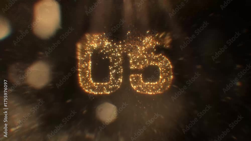 Vidéo pour souhaiter une bonne année 2026 en or représenté au début par un compte à rebours puis des feux d' artifices de couleur or sur un fond noir avec des ronds en effet bokeh