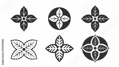 Collection of six floral designs featuring four leaf arrangements in various geometric patterns and styles | editable eps vectors silhouette