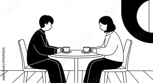 A couple enjoys a quiet moment over coffee, captured in a simple black and white illustration