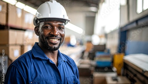 A smiling Black man in a blue jumpsuit and white hard hat poses for a photo inside a warehouse or factory setting
