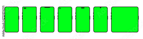 Different types of phones with green screens. Smartphones, tablets, and mobile devices with blank green display for mockups, app previews, UI design, and digital content placeholders.