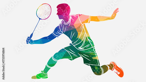 Dynamic badminton player in action, capturing the vibrant energy and athleticism of the sport with a modern, abstract design.