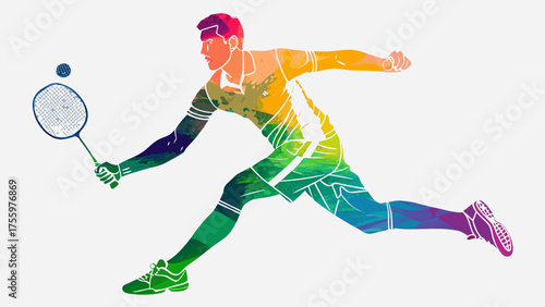 Dynamic badminton player in mid-action striking shuttlecock with vibrant, abstract color splash design for active sports promotion