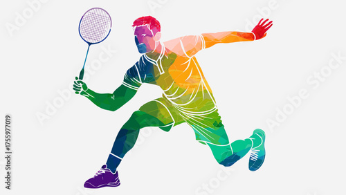 Dynamic badminton player lunging with racquet, a vibrant athletic representation of speed, agility and competitive sports, ideal for fitness and wellness campaigns