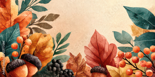 Rich Watercolor Autumn Foliage Border with Acorns, Berries, and Fall Leaves Design