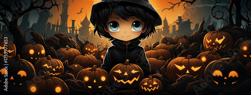 Creative cartoon style Halloween art with a black-hatted boy and glowing orange pumpkins in a dark fantasy setting. 
