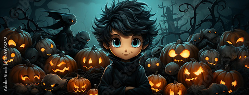 A magical Halloween night scene with a charming boy in a black hat and glowing carved pumpkins all around. 