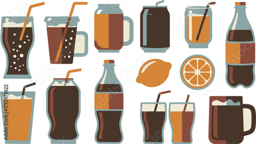 Variety of Soda and Juice Drinks in Cups, Cans, and Bottles with Fruit