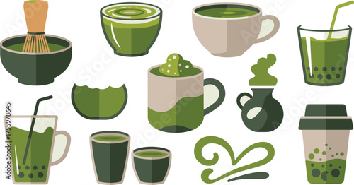 Variety of Stylized Matcha Drinks in Cups and Bowls with Tea Ceremony Equipment Illustration