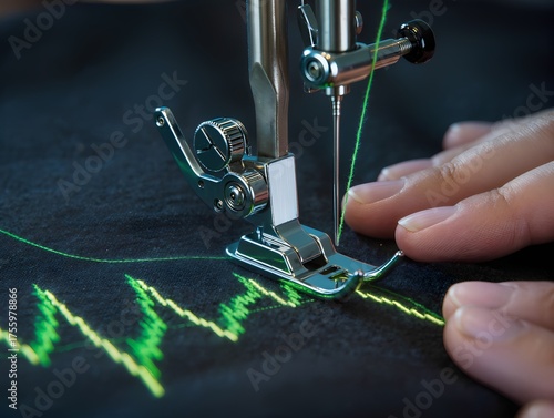 Sewing machine stitching black fabric with glowing green thread forming stock market chart lines — fusion of craftsmanship, finance, and technology in ultra-realistic style.