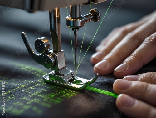Sewing machine stitching black fabric with glowing green thread forming computer code — fusion of craft and digital technology in an ultra-realistic photo.